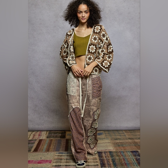 POL Floral Granny Square Crochet Cardigan Retro Boxy Open Front Sweater Openwork - Picture 5 of 16